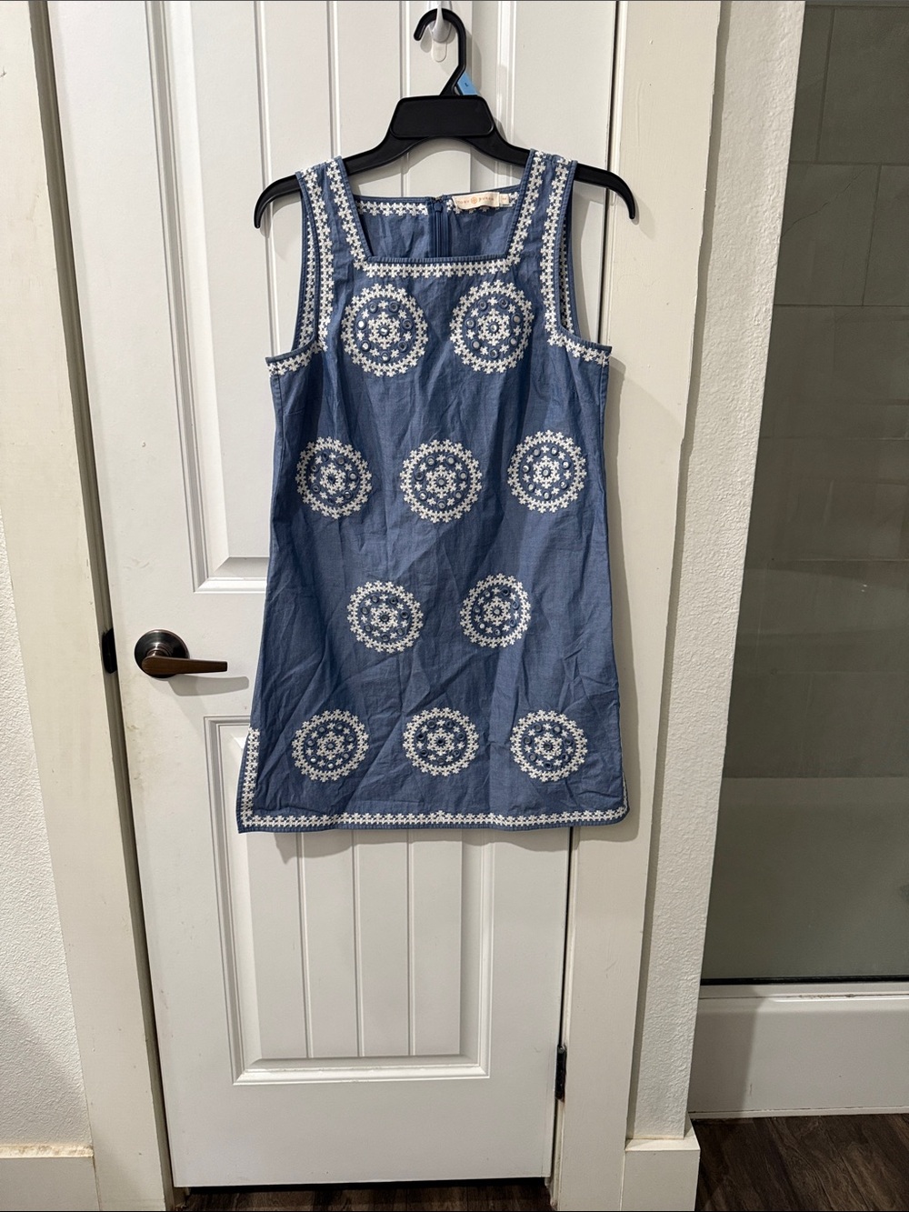 Blue Sleeveless Embroidered Shift Dress with White Medallions